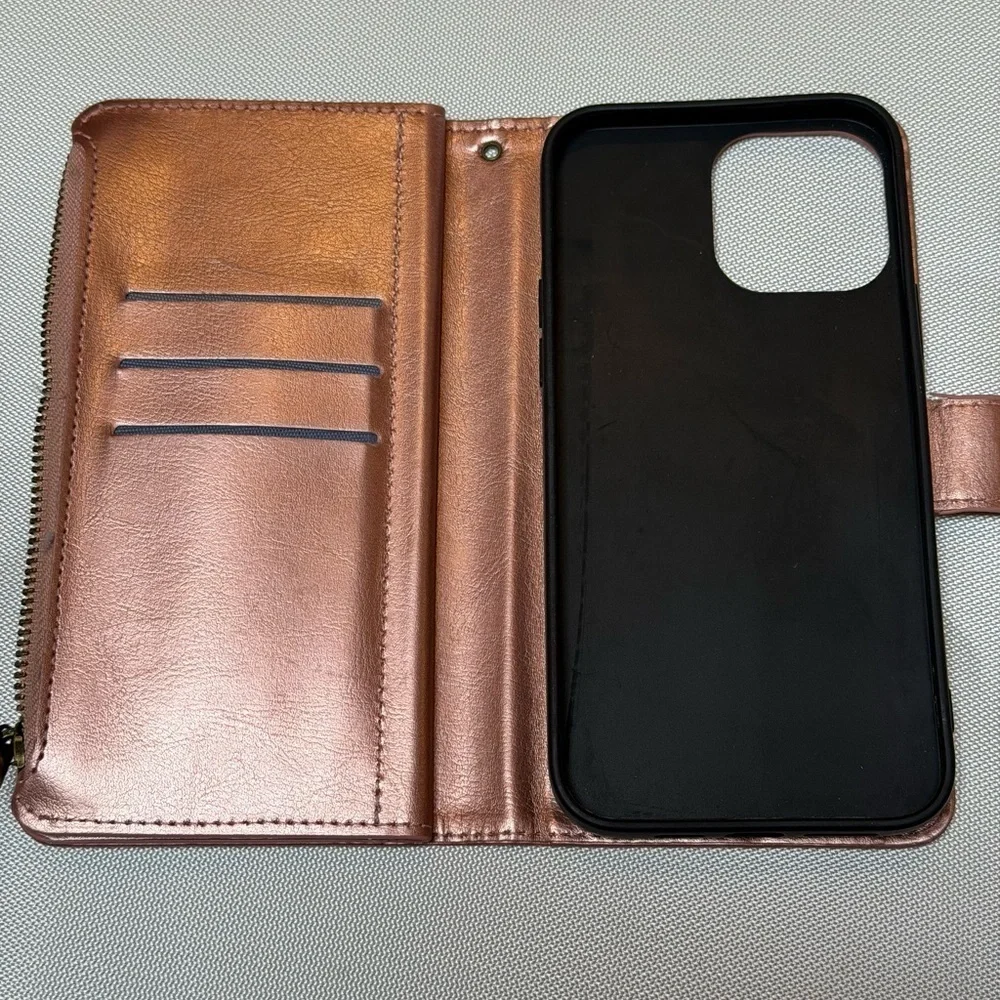 Pink Chrome IPhone 15  Leather Wallet 6 card slots
